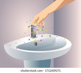 Risk point Infectious diseases spread hygiene concept as Faucets, sinks with germ virus and bacteria spreading with illness in public. illustration EPS 10