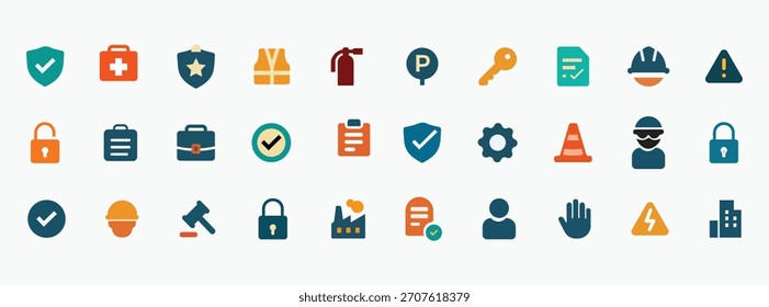 Die Symbolsatz-Kollektion der Risikoprävention ist im durchgezogenen Symbolstil gehalten. ein Icon-Paket enthält Verifizierung, Sicherheitsprüfliste, sichere Überwachung, Sicherheitsausrüstung, Sicherheitsrichtlinien, Dokument, Sicherheitsinspektion