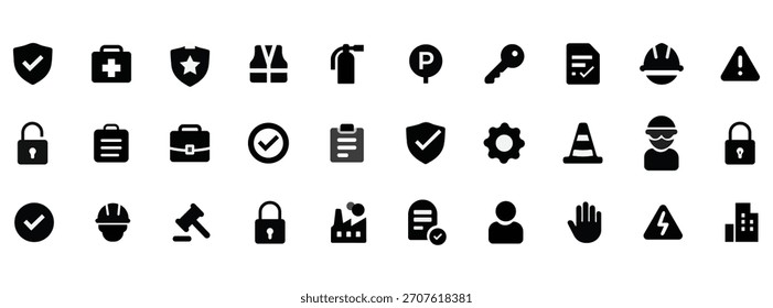 Die Symbolsatz-Kollektion der Risikoprävention ist im durchgezogenen Symbolstil gehalten. ein Icon-Paket enthält Verifizierung, Sicherheitsprüfliste, sichere Überwachung, Sicherheitsausrüstung, Sicherheitsrichtlinien, Dokument, Sicherheitsinspektion