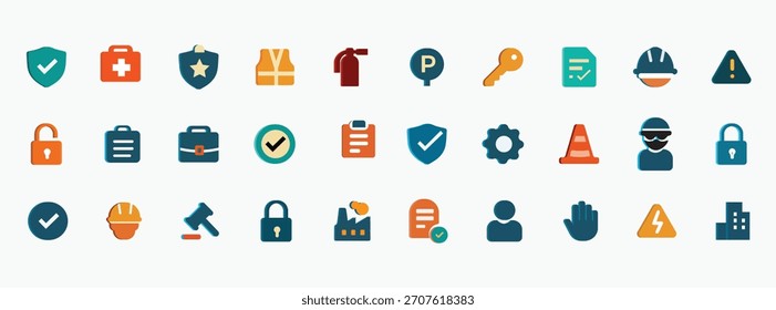 Colección de conjunto de iconos de prevención de riesgos en estilo de glifo sólido. un paquete de iconos contiene verificación, lista de verificación de seguridad, monitoreo seguro, equipo de seguridad, política de seguridad, documento, inspección de seguridad