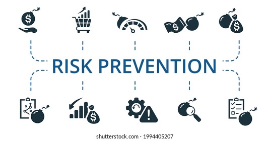 Risk Prevention icon set. Contains editable icons risk management theme such as assurance, emerging risk, risk monitoring and more.