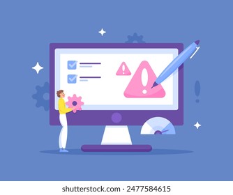 risk register concept. documents used for risk management. data and information. illustration of man with computer monitor displaying company risk list. illustration concept design. graphic elements