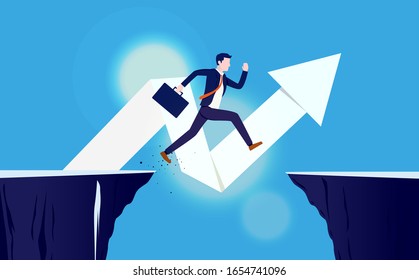 Risk and reward - Business man jumping from cliff over obstacle to reach success. Arrow pointing upwards in background. Overcome fear, unstoppable employee, great ambitions concept. Vector.