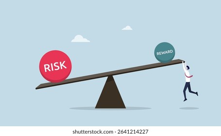 Risk and reward on the seesaw showing greater risk than reward, businessman try to make it in balance or equilibrium