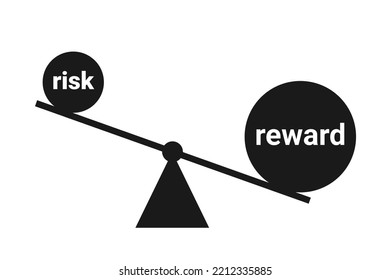 Relación riesgo-beneficio: equilibrio y comparación entre el riesgo de riesgo peligroso y el beneficio y ganancia rentables. Ilustración vectorial aislada en blanco.