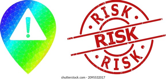 Risk rubber seal and lowpoly spectral colored warning map pointer icon with gradient. Red seal contains Risk caption inside round and lines form.