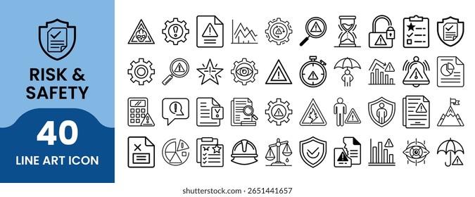 Risk safety icons shield document warning gear chart magnifier hourglass lock person umbrella vector