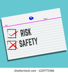 RISK or SAFETY on paper with creative design for your greetings card, flyers, invitation, posters, brochure, banners. Business and Inspiration concept on blue background