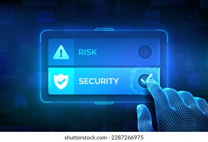 Risk or Security. Making decision. Risk management business concept. Work safety. Danger surveillance. Hand on virtual touch screen ticking the check mark on Security button. Vector illustration.