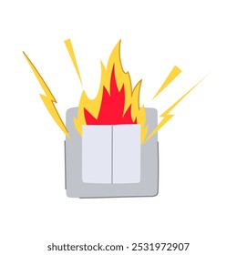 Dibujos animados de riesgo de cortocircuito. fusible de protección, voltaje del disyuntor, señal de fuego de cortocircuito de riesgo de arco de corriente. símbolo aislado Ilustración vectorial