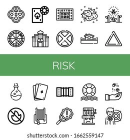 risk simple icons set. Contains such icons as Poker, Roulette, Gambling, Casino, Lotto, Forbidden, Collision, Flood, Radioactive, Warning, can be used for web, mobile and logo