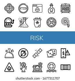 risk simple icons set. Contains such icons as Poker, Slot machine, No entry, Forbidden, Malware, Radioactive, Poison, Roulette, Fire hose, can be used for web, mobile and logo