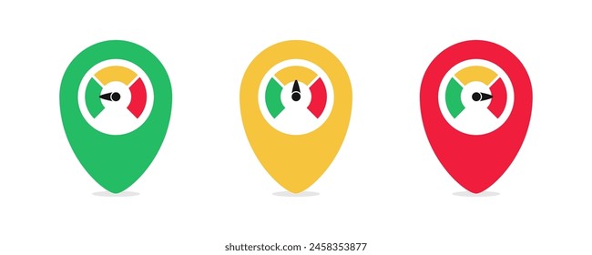 Risk speedometer symbol. Colorful speedometer icons. Risk meter icons. Risk meter. Risk concept on speedometer. Speedometer, gauge meter icons. 