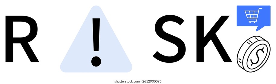 RISK spelled with letters and a warning triangle, shopping cart icon, and coin symbol. Ideal for finance, e-commerce, business strategy, online transactions, risk management, financial planning