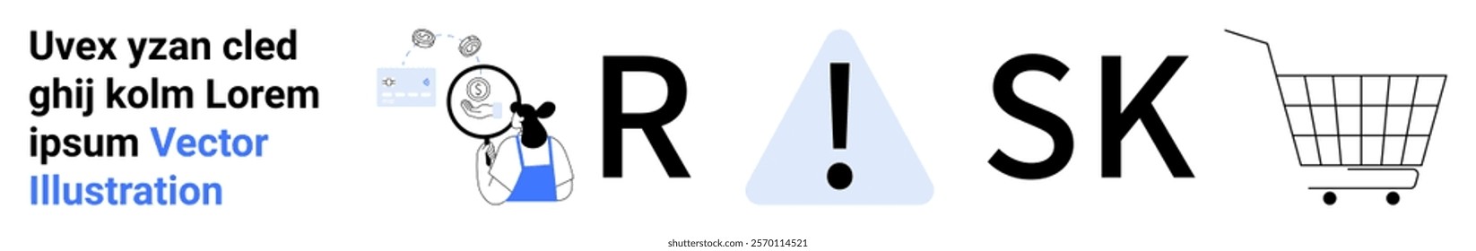 RISK spelled out with letters while using a magnifying glass, a caution symbol, and a shopping cart. Ideal for online shopping, consumer safety, e-commerce risk management, digital marketing