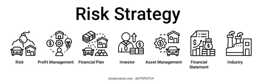 Estrategia de riesgo Concepto de Ilustración vectorial de ícono de Web de Anuncio para negocios con ícono de Riesgo, Gestión de Ganancias, Plan Financiero, Inversor, Gestión de Activos, Estado Financiero.
