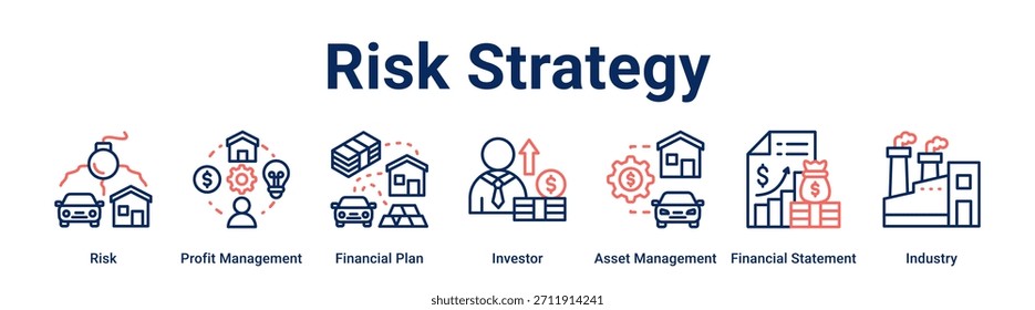 Estratégia de risco banner web icon vetor ilustração conceito para negócios com ícone de risco, Lucro Management, Plano financeiro, Investidor, Gestão de ativos, Demonstrativo financeiro.