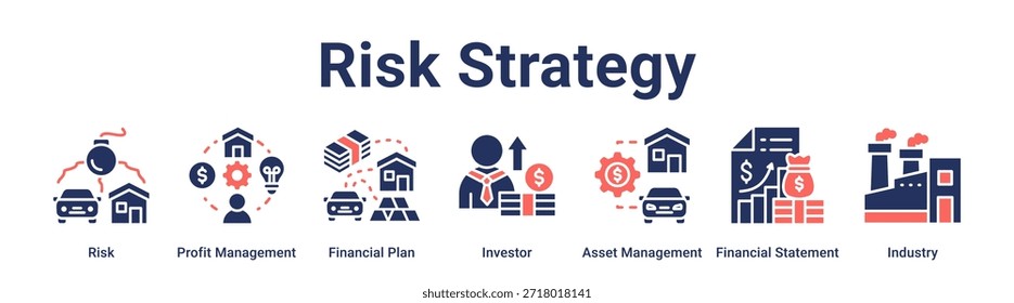 Estrategia de riesgo Concepto de Ilustración vectorial de ícono de Web de Anuncio para negocios con ícono de Riesgo, Gestión de Ganancias, Plan Financiero, Inversor, Gestión de Activos, Estado Financiero.