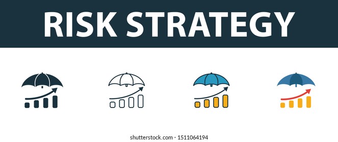 Risk Strategy Icon Set. Four Elements In Diferent Styles From Risk Management Icons Collection. Creative Risk Strategy Icons Filled, Outline, Colored And Flat Symbols.