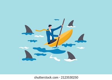Risk taker, threats or challenge to success, overcome difficulty or problem in crisis, determination or adversity concept, confidence businessman sailing kayak ship among danger threat sharks.