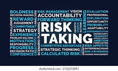 Risk taking word cloud dark business leadership concept and strategy. Risk taking motivation typography