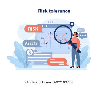 Concepto de tolerancia al riesgo. La mujer analiza el gráfico financiero, evaluando los activos y los riesgos potenciales. Decisiones informadas, protección de activos. Ilustración vectorial plana