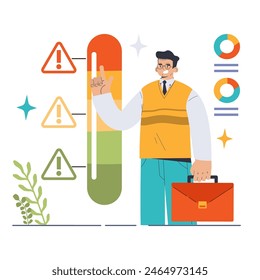 Concepto de tolerancia al riesgo. Empresario ajustando el medidor para medir niveles aceptables de riesgo en empresas corporativas. Representación estratégica para la toma de decisiones financieras. Ilustración vectorial plana