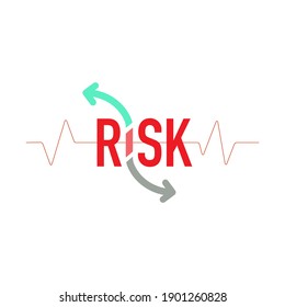 Risk typographic design. Upward and downward arrow with heartbeat line as a gimmick of risk. Vector illustration outline flat design style.