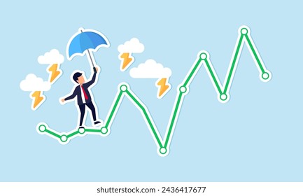 Riesgo e incertidumbre en la volatilidad del mercado de inversión, fluctuaciones criptográficas, que requieren un concepto de estrategia de todo clima, el empresario acrobat planea caminar en la gráfica de inversión riesgosa.