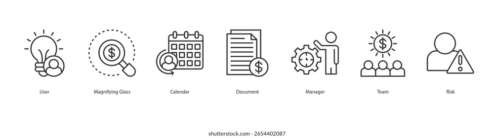 Risk Validation Icon Set User, Magnifying Glass, Calendar, Document, Manager, Team, Risk