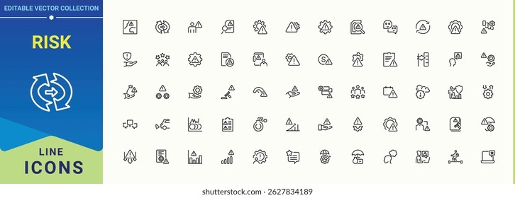 Risk vector icon set. Minimalist icons collection. Hazard icon collection. Contains such icons as prevention, protection, plan, strategy, safety and more.
