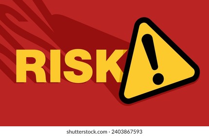 Risk word with attention sign in yellow triangle. On red background
