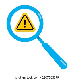 Risk word magnifying glass vector icon in black flat design on white background. Magnifying glass icon and alert, error, alarm, danger symbol.