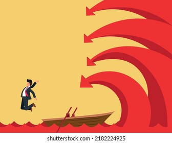Risks and challenges of business. businessman jumps out of a boat to escape the arrow waves.