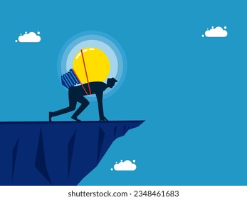 risks. Focused man with a light bulb on the cliff 