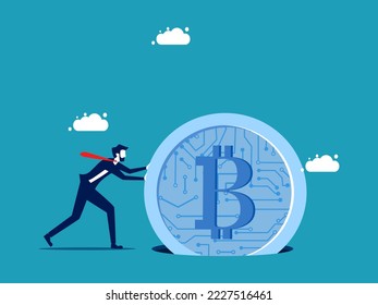 Risks of investing in digital coins. Hard working businessman pushing digital coin stuck in hole