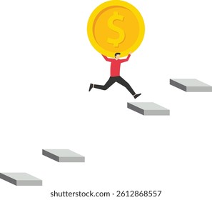 Risks and obstacles of investment finance. businessman with a bag of money jumps over the gap stock illustration

