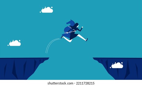 The risks and obstacles of the strategy. businesswoman with a chess horse jumps over the gap. vector