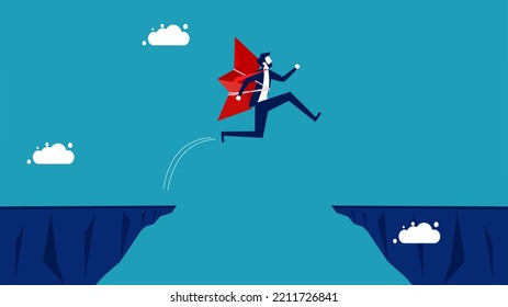 Risks and obstacles of supervisors. businessman with a paper boat jumps over the gap