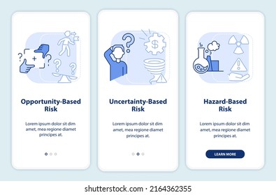 Risks types light blue onboarding mobile app screen. Problems analysing walkthrough 3 steps graphic instructions pages with linear concepts. UI, UX, GUI template. Myriad Pro-Bold, Regular fonts used