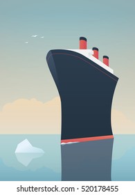 Conceito de negócio de exploração de aventuras arriscadas. Navio explorador destemido e icebergs no mar. Ilustração vetorial EPS10.