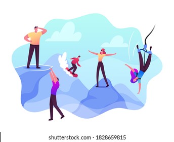 Risky Behavior, Extreme Recreation and Danger Sports Activity Concept. Risk Takers Male and Female Characters Bungee Jumping, Skateboarding, Climbing on Rocks. Cartoon People Vector Illustration