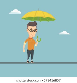 Risky business man walking across a tightrope with umbrella in hand. Business man balancing on a tightrope. Concept of risks and challenges in business. Vector flat design illustration. Square layout.