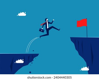 Risky decisions. Confident businessman jumps over cliff gap to reach red flag on the other side 