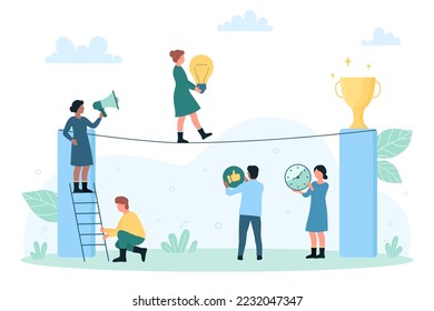 Retos y logros difíciles de riesgo, ilustración vectorial de la gestión de crisis. Pequeña mujer de caricatura caminando sobre la cuerda floja a la taza de oro, líder de empleado de talento llevando bombilla de luz con riesgo
