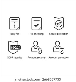 Arquivo arriscado, Verificação de arquivos, Proteção segura, Segurança GDPR, Segurança de conta, Proteção de conta, ícone, Ícone de linha Definir