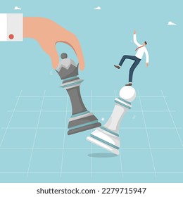 Risky innovation or investment, serious business competition in the market, choosing a losing strategy, wrong development path, business failure and separation, man loses and falls from a chess piece.