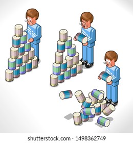 Risky man trying to grab a can from the middle of a pile; scene with three illustrations (isometric vector)