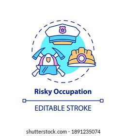 Risky Occupation Concept Icon. Insurance Cost Factors. Dangerous Job Service For Worker. High Risk Working Place Idea Thin Line Illustration. Vector Isolated Outline RGB Color Drawing. Editable Stroke