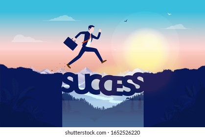 Risky road to success - Man jumping from cliff over dangerous gap. Bridge made of letters, risky business, work adrenaline and motivated businessman concept. Vector illustration.